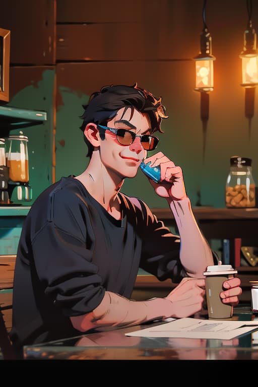  a man wearing a black t shirt with a pair of sunglasses on his head is sitting and drinking coffee in a coffee shop, smiling happily. the man is sitting in the middle of the frame. the atmosphere of the picture is warm. , bichu,oil painting,impressionism advertising photo,high quality, good proportion, masterpiece , the image is captured with an 8k camera