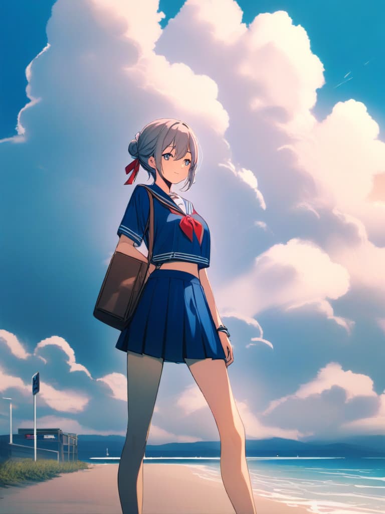  girl,sailor suit,all navy blue,vermilion ribbon,road signs,personification,cumulonimbus,blue sky,summer,