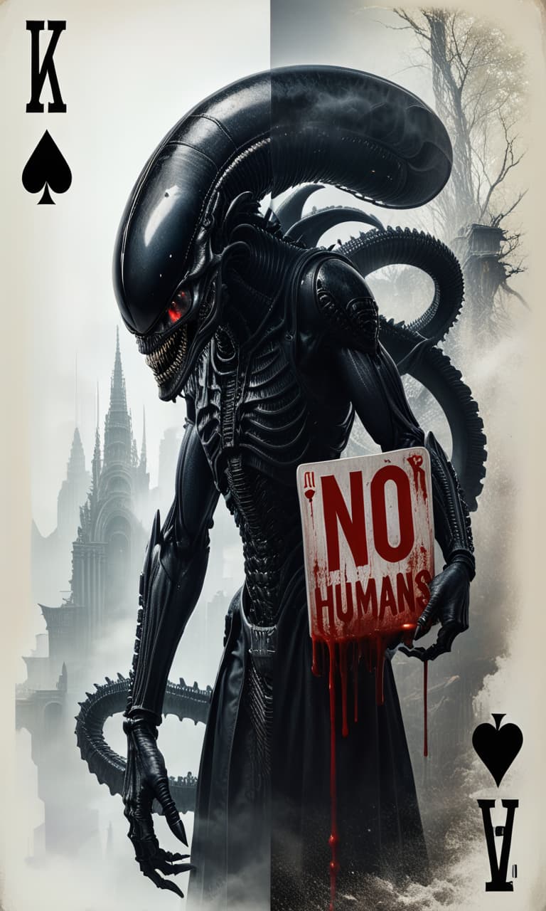  (masterpiece, diptych art:1.4), divided diagonally, (left side:1.3) playing card featuring xenomorph, designed in the style of h.r. giger, intricate biomechanical details, (glossy black scales:1.2), (gleaming menacing eyes:1.2), (right side:1.3) sign held by the xenomorph, bold text “no humans” in capital letters, (bloody font:1.4), dramatic double exposure style, blending textures of eerie landscapes and shattered glass visual effects, (surrealism elements:1.2), layered image creating depth, photo realistic quality, dark moody atmosphere, captivating juxtaposition of horror and elegance, striking visual impact, dynamic composition., civitai hyperrealistic, full body, detailed clothing, highly detailed, cinematic lighting, stunningly beautiful, intricate, sharp focus, f/1. 8, 85mm, (centered image composition), (professionally color graded), ((bright soft diffused light)), volumetric fog, trending on instagram, trending on tumblr, HDR 4K, 8K