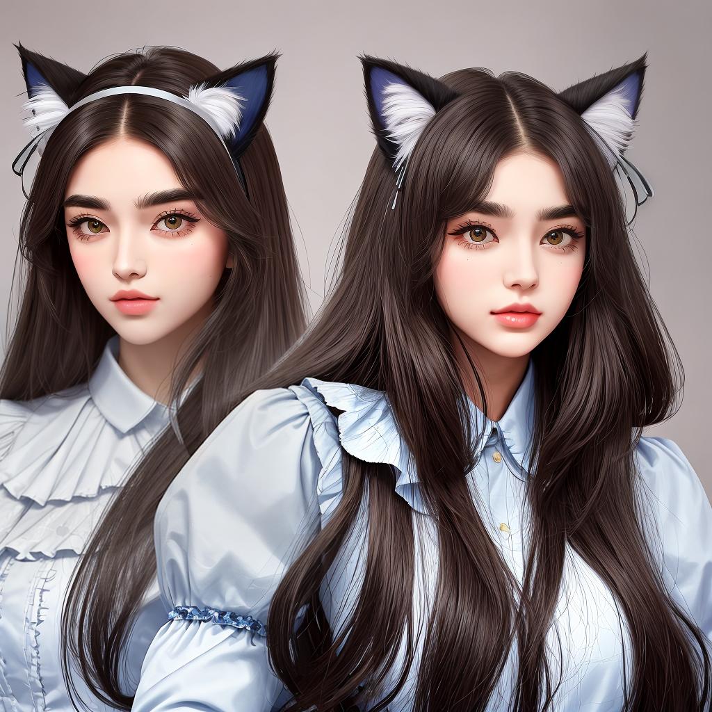  masterpiece, best quality, hot girl, bushy eyebrows, cat ears, royal sister, solid background, higher quality, bust, perfect face, delicate features, long hair, clean background