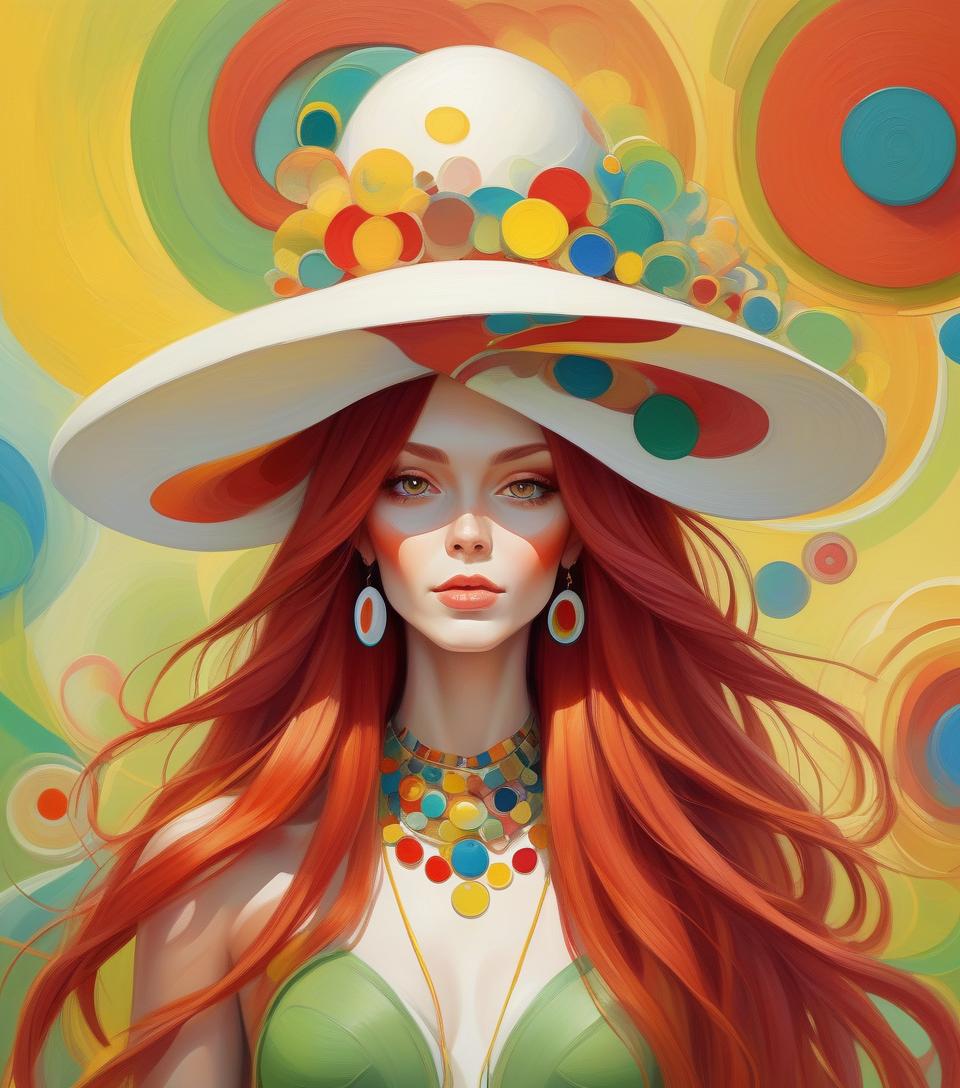  oil painting, beautiful lady in abstract style, long red hair, white bizarre hat with colorful circles, multicolored necklaces, earrings, yellow striped green background abstract vector fractal, wave function, zentangle, 3d shading