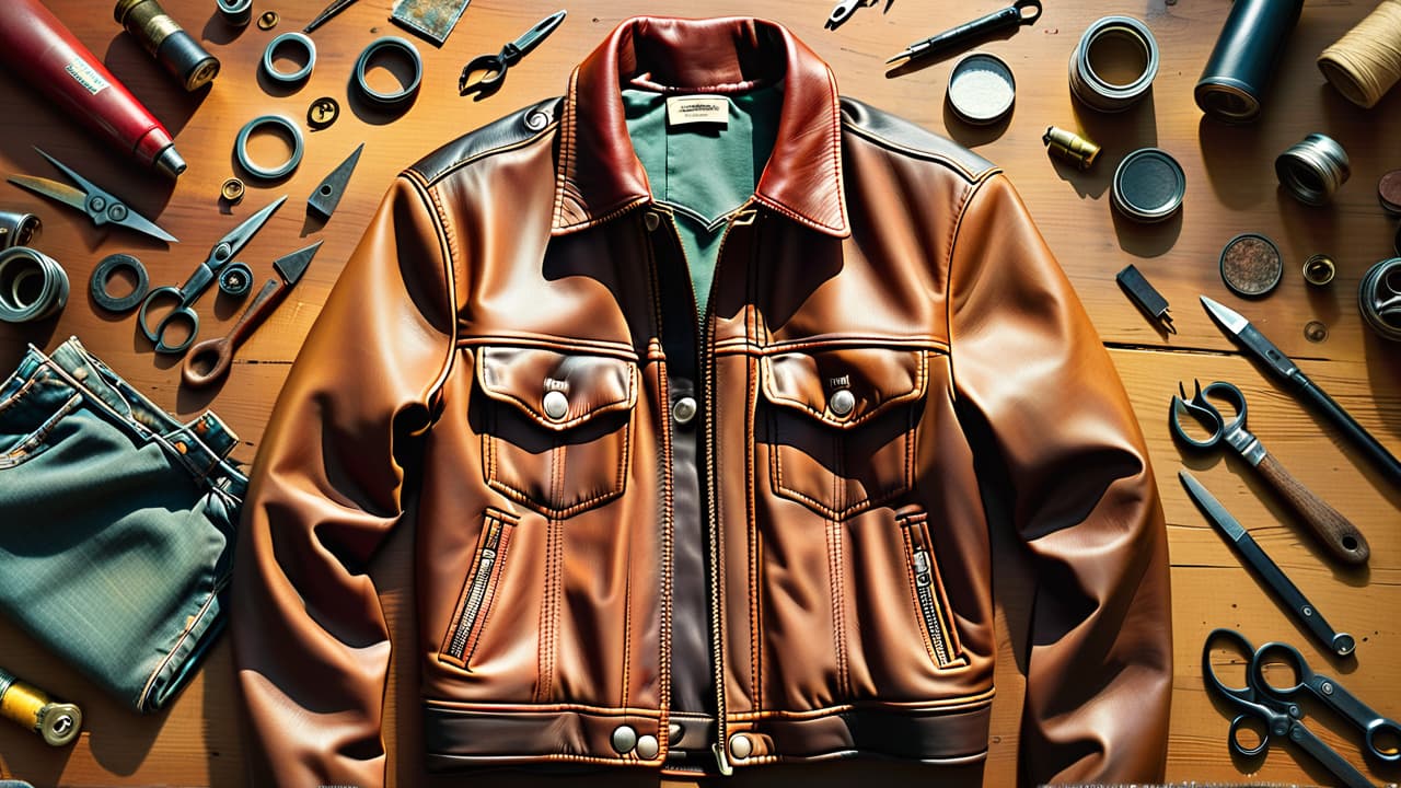  a close up of a distressed leather jacket with frayed edges, faded patches, and scuffed surfaces, surrounded by vintage sewing tools, aged fabric swatches, and a weathered workbench, evoking a sense of time and craftsmanship. hyperrealistic, full body, detailed clothing, highly detailed, cinematic lighting, stunningly beautiful, intricate, sharp focus, f/1. 8, 85mm, (centered image composition), (professionally color graded), ((bright soft diffused light)), volumetric fog, trending on instagram, trending on tumblr, HDR 4K, 8K