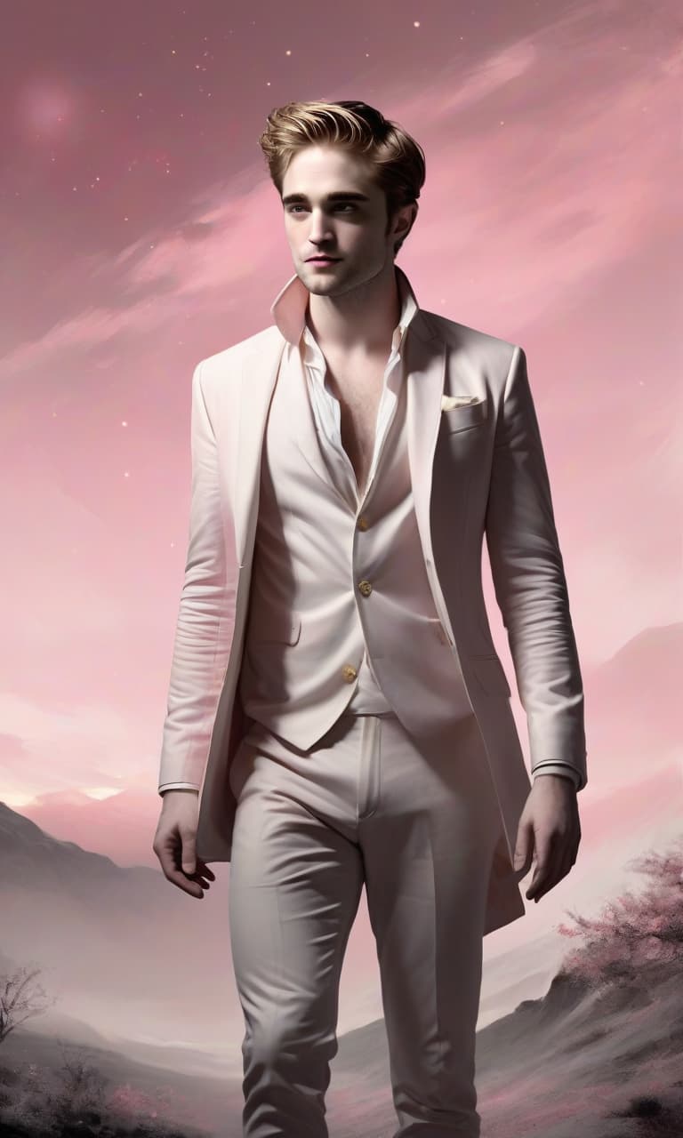  concept art pink, gold, black, white moonlight robert pattinson to the waist behind . digital artwork, illustrative, painterly, matte painting, highly detailed, perfect hands