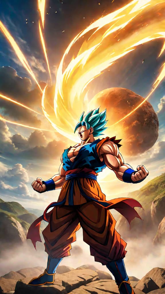  anime art: goku (dragon ball), jiren (dragon ball), vegeta (dragon ball), and broly (dragon ball) in an epic universe shattering battle. hyperrealistic, full body, detailed clothing, highly detailed, cinematic lighting, stunningly beautiful, intricate, sharp focus, f/1. 8, 85mm, (centered image composition), (professionally color graded), ((bright soft diffused light)), volumetric fog, trending on instagram, trending on tumblr, HDR 4K, 8K