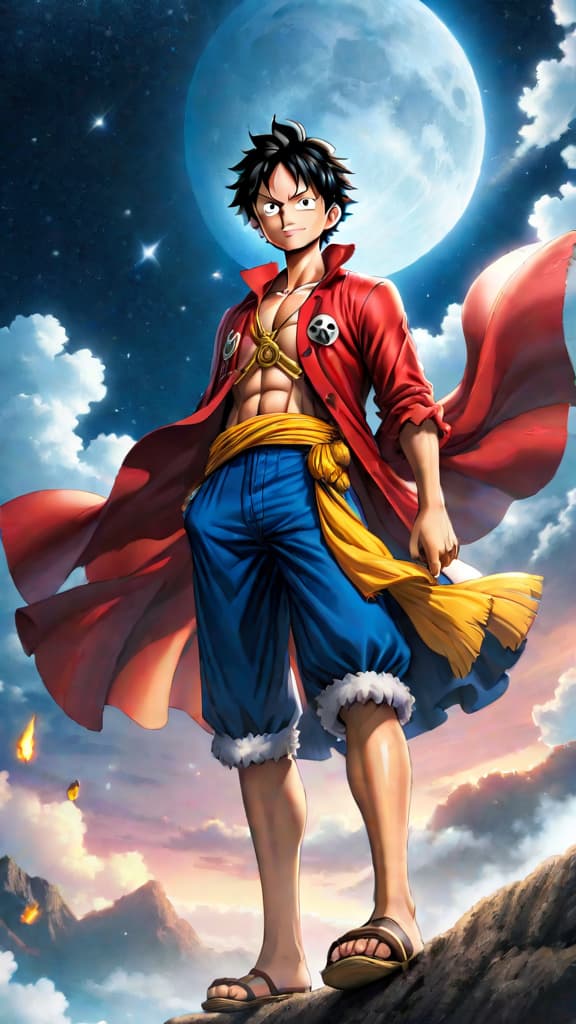  anime art: luffy's celestial destiny unfolds under the starlit sky of one piece. hyperrealistic, full body, detailed clothing, highly detailed, cinematic lighting, stunningly beautiful, intricate, sharp focus, f/1. 8, 85mm, (centered image composition), (professionally color graded), ((bright soft diffused light)), volumetric fog, trending on instagram, trending on tumblr, HDR 4K, 8K