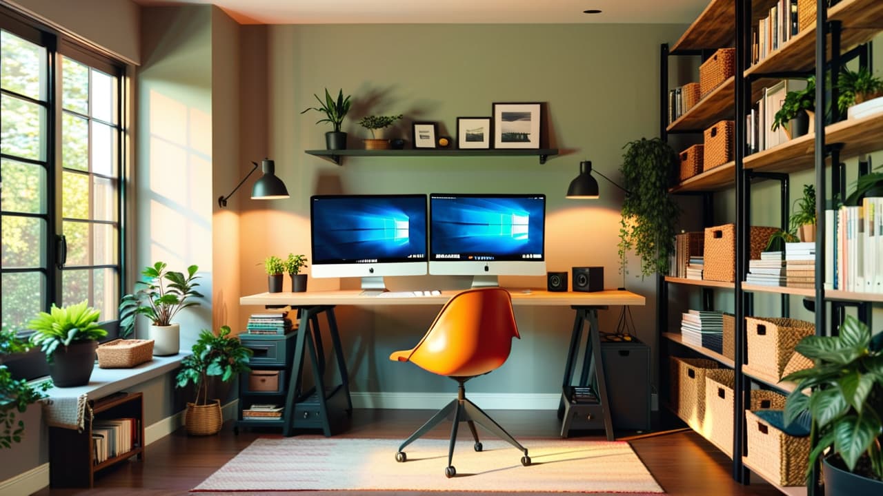  a modern home office featuring an ergonomic chair and adjustable standing desk, surrounded by soft natural light, greenery, organized shelves, and a cozy, inviting atmosphere, emphasizing comfort and productivity. hyperrealistic, full body, detailed clothing, highly detailed, cinematic lighting, stunningly beautiful, intricate, sharp focus, f/1. 8, 85mm, (centered image composition), (professionally color graded), ((bright soft diffused light)), volumetric fog, trending on instagram, trending on tumblr, HDR 4K, 8K