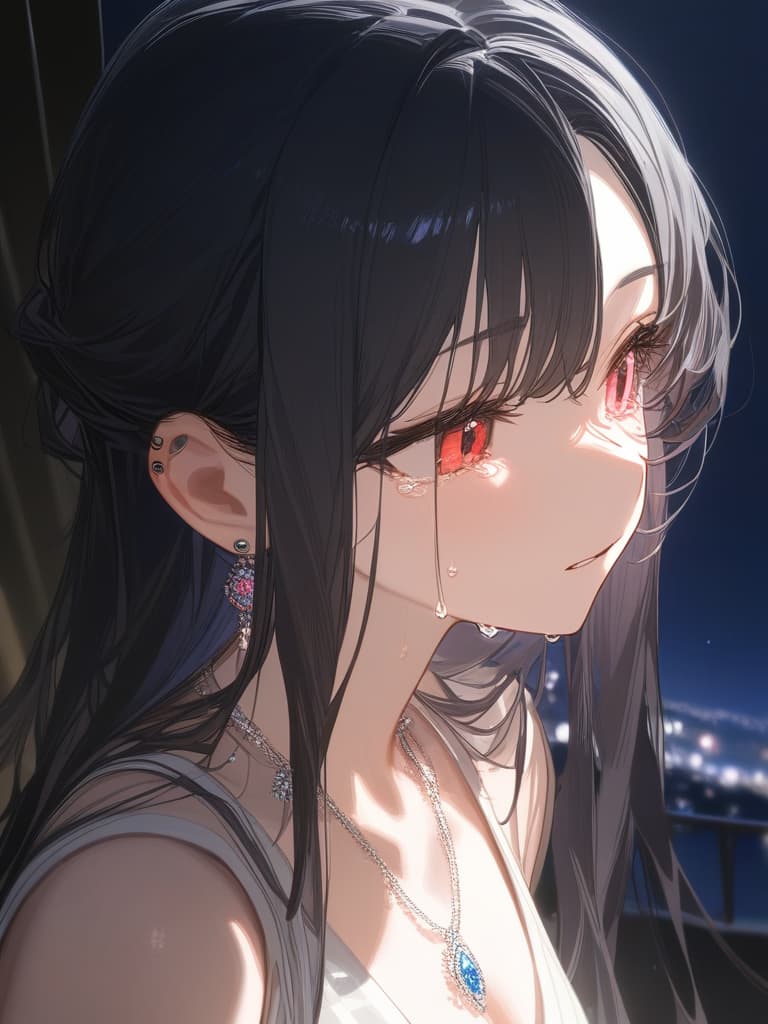  long hair, black hair, hair tips are pink, red eyes, hanging, bangs, and length of bangs, adults, adult faces, piercings, necklaces, thin makeup, night view, hair are light pink and black, crying. there is tears, masterpiece, best quality,8k,ultra detailed,high resolution,an extremely delicate and beautiful,hyper detail