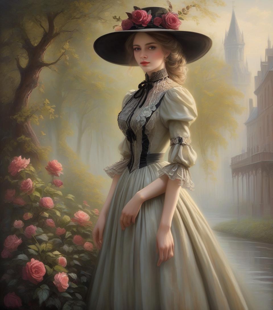  painting of a woman in a dress and hat of the victorian era, in the style of the 1850s, beautiful fantasy painting, romantic painting, fantasy style, elegant oil painting, elegant and exquisite painting, very beautiful fantasy painting, detailed 3d gothic romantic era, painting