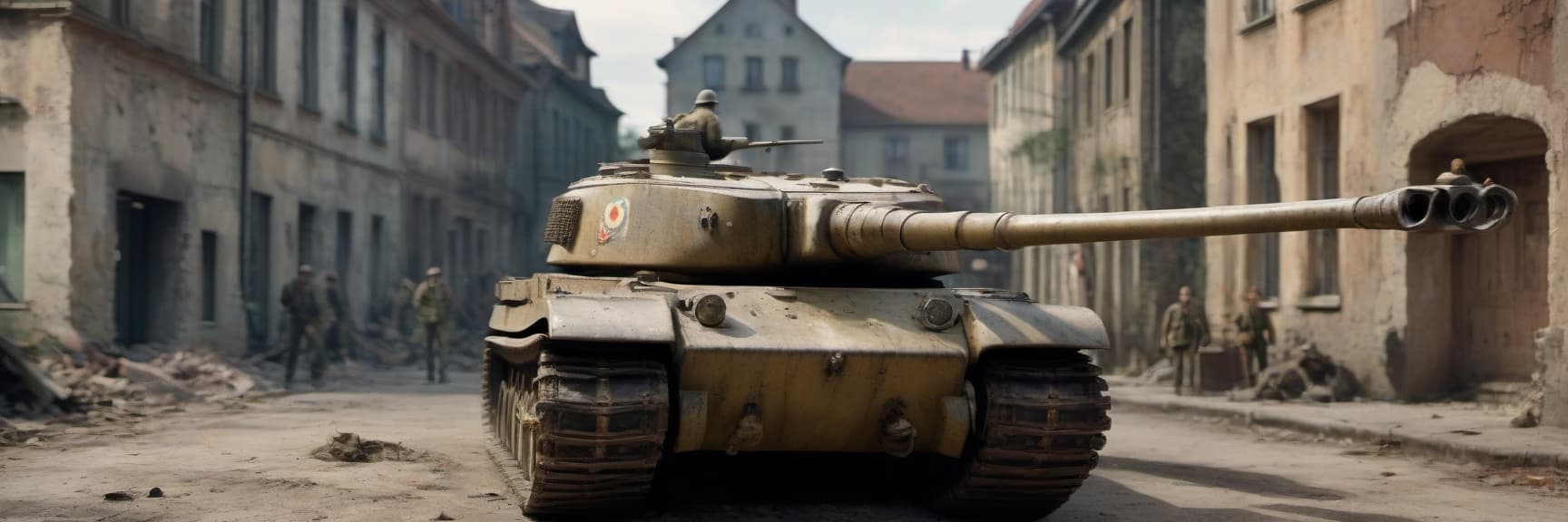  cinematic photo generate a german tiger 1 tank as similar as world war ii on a ruined street. add a gorilla on a tank . 35mm photograph, film, bokeh, professional, 4k, highly detailed