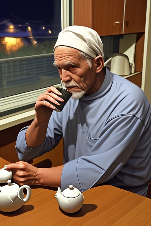  Old man sits in his kitchen at night drinking tea with five aliens