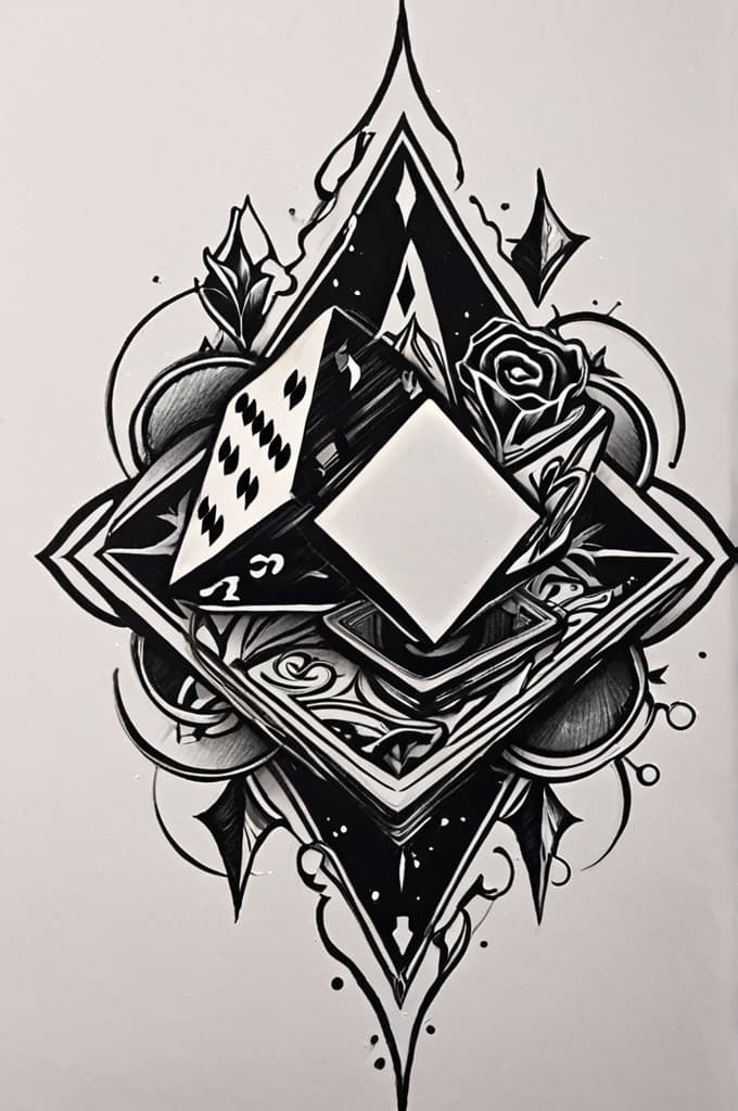  double dice, lucky, smoke, poker card, win, (tattoo sketch:1.25), drawing