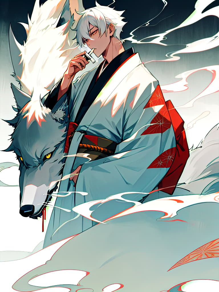  boys smoking, white hair drinking boy, kimono, wolf cut, drinking boy, handsome cigarette, one person, masterpiece, best quality,8k,ultra detailed,high resolution,an extremely delicate and beautiful,hyper detail