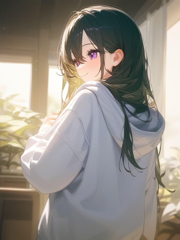  long hair, purple eyes, white hoodie, in the room, sunny, smiling, dark green hair, masterpiece, best quality,8k,ultra detailed,high resolution,an extremely delicate and beautiful,hyper detail