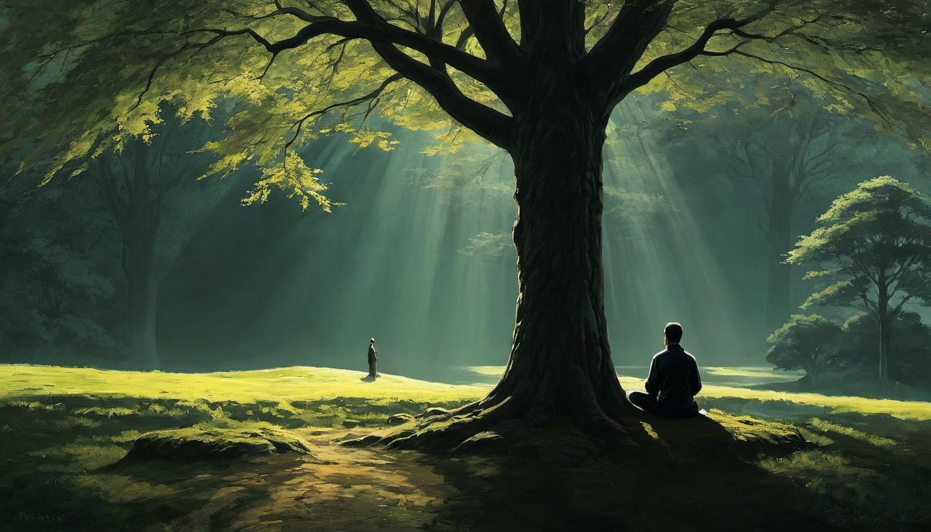  （surrealism)a serene environment, one figure meditating under a tree while another hovers nearby casting a shadow, sense of inner peace contrasted with external challenge, calm and unsettling, protective atmosphere mystic, intricate details, best quality)