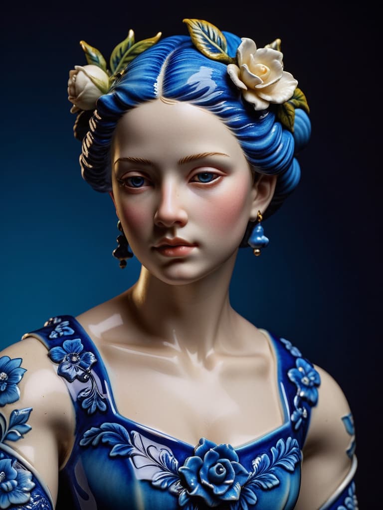  Close-up porcelain female figurine, looking to the camera, glossy surface, glaze, shiny, blue floral tattoos on her, dark gradient background, baroque dark style, hyperrealistic, CG society, intricate details