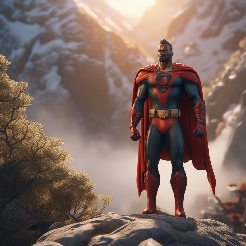  a superhero in a mountain range cartoon hyperrealistic, highly detailed, cinematic lighting, stunningly beautiful, intricate, sharp focus, (centered image composition), (professionally colour graded), ((bright soft diffused light)), volumetric fog, hdr 4k, 8k