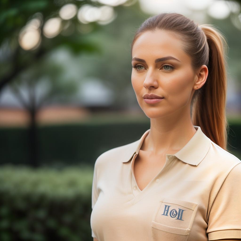  (((realistic full torso frontal head shot of a light beige to medium tan skin tone woman))), bella nina neumann, ((caucasian heritage)), immature face, blue eye color, ((ponytail hair style)), ((ginger hair color)), ((curvy body type)), medium size, size, (immature straight slender nose), (immature angular jawline), (immature medium lips), (immature prominent forehead), (immature perfect symmetry), (immature thin eyebrows), (immature pointed chin), standing straight looking directly into the camera,((wearing fitted polo shirt with deep v neck and monogrammed pocket)), backyard in background, 1, best quality, highest quality, award winning photo, masterpiece, raw, professional photography, photorealism, sharp focus hyperrealistic, full body, detailed clothing, highly detailed, cinematic lighting, stunningly beautiful, intricate, sharp focus, f/1. 8, 85mm, (centered image composition), (professionally color graded), ((bright soft diffused light)), volumetric fog, trending on instagram, trending on tumblr, HDR 4K, 8K