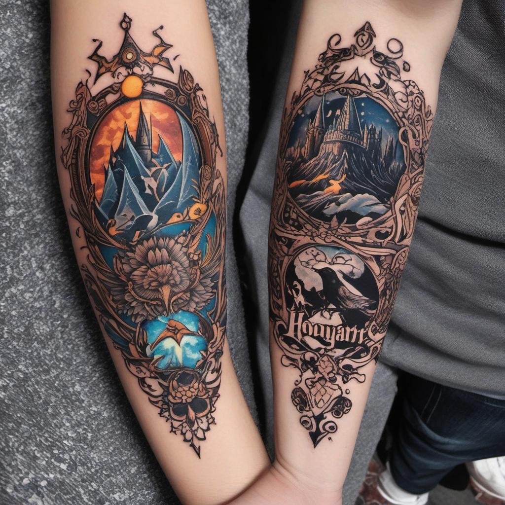  tatuagem relacionada aos mundo mágicos de hogwarts, pais das maravilhas, necerland, nárnia e etc, mystical style