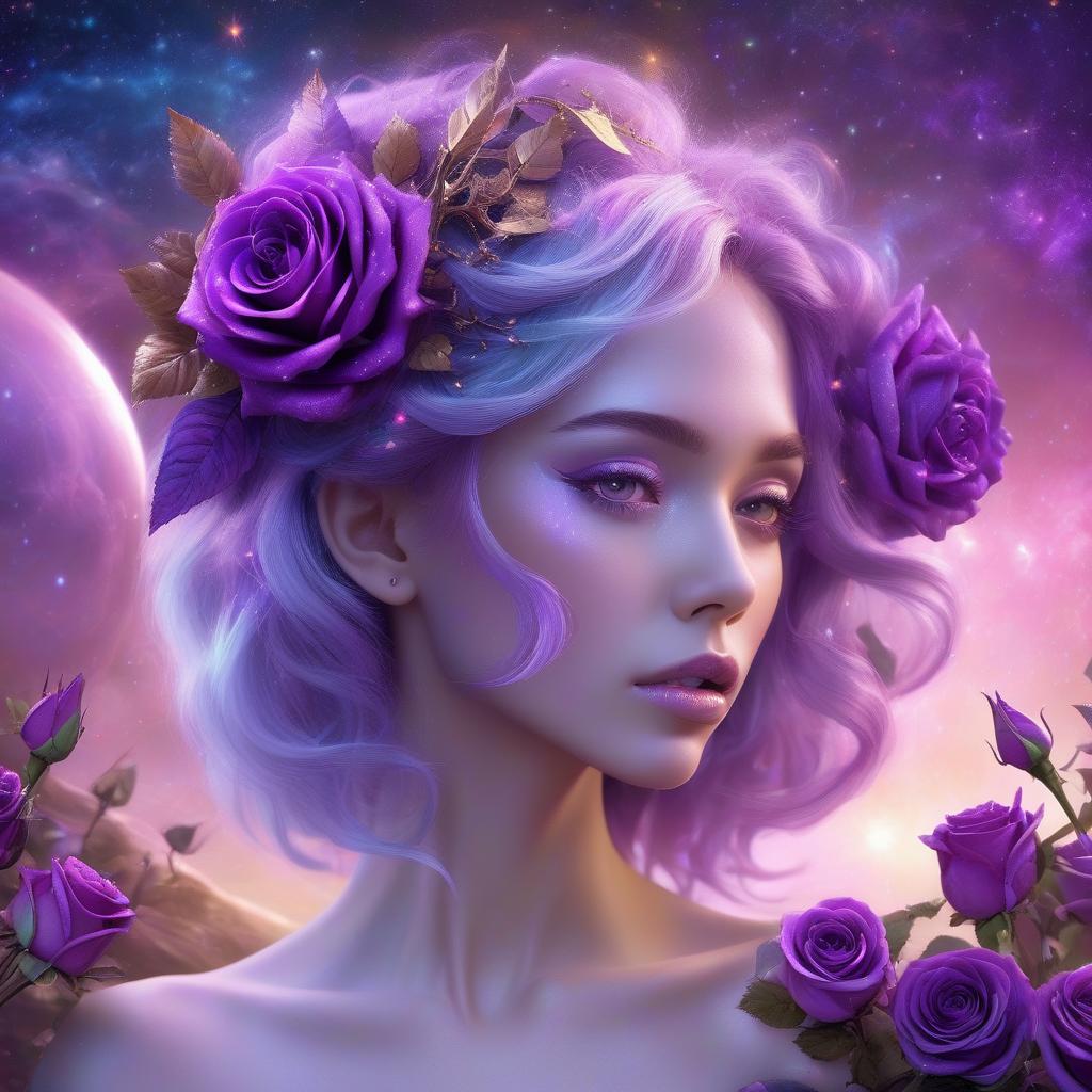  <mymodel>cosmic epic beauty with gorgeous, purple roses in hair, high res, surreal, cosmic, vibrant colors, detailed floral hairpiece, ethereal aura, celestial backdrop, majestic beauty, galaxy inspired, breathtaking lighting, dreamlike atmosphere, incredible attention to detail, cosmic fantasy, stunningly beautiful, best quality, surrealism, vibrant tones, celestial lighting