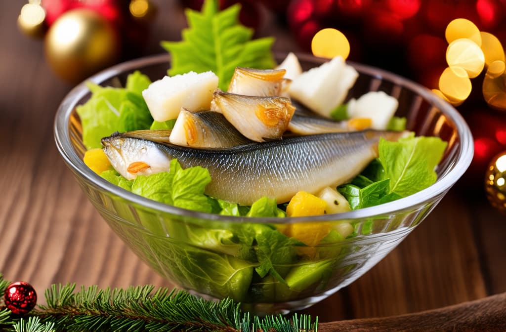  food gourmet photography style, herring under a fur coat salad in a transparent bowl in new year's decoration ar 3:2, appetizing, professional, culinary, high resolution, commercial, highly detailed ,soft natural lighting, macro details, vibrant colors, fresh ingredients, glistening textures, bokeh background, styled plating, wooden tabletop, garnished, tantalizing, editorial quality