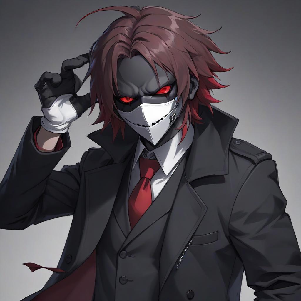  anime artwork a man in a black overcoat with a tie and gloves, in a white mask with red eyes style slipknot hair of medium length black, on a dark gray background of anime . anime style, key visual, vibrant, studio anime, highly detailed