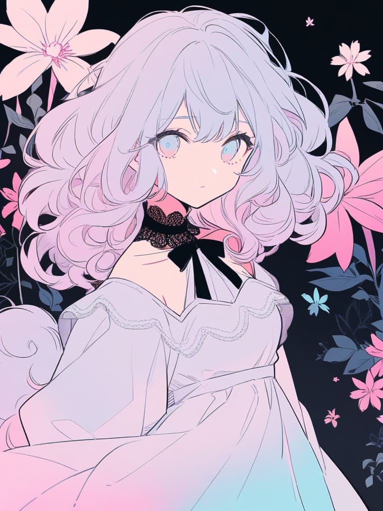  best of the best,flat color,pink solo,sheep beast girl,(((fluffy hair:1.2))),(((long curly hair:1.2))),light blue eye color,old style,lace round neck collar,long puff sleeves,ribbon,fuzzy dress dress,wide hem,(((pastel color))),gentle color,cosmos flower,high quality,16k