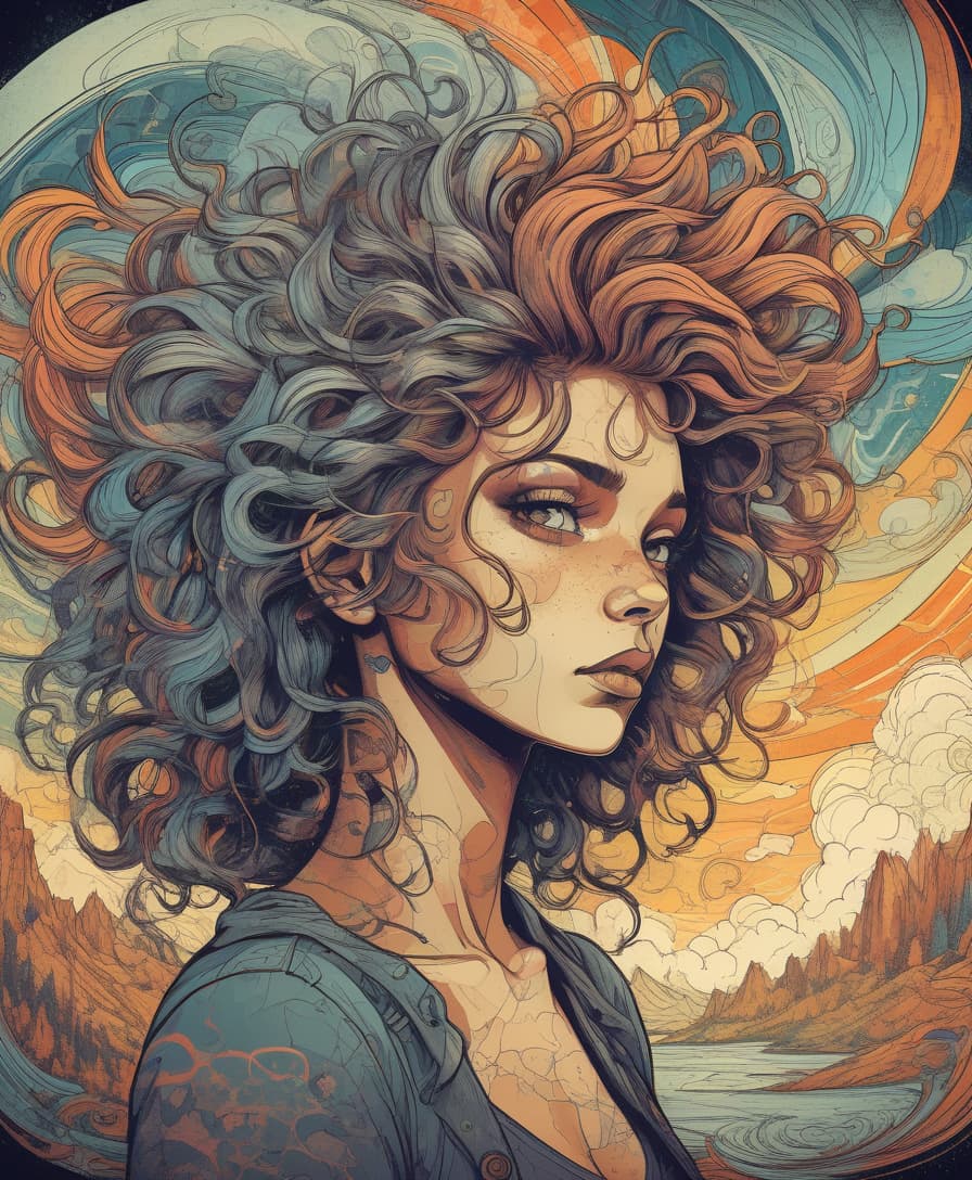  grunge style light, centered, colorful, modern illustration of a girl with wild swirling hair full of landscapes. portrait, fibonacci sequence, tessellation, art nouveau, heavy outline comic book . textured, distressed, vintage, edgy, punk rock vibe, dirty, noisy