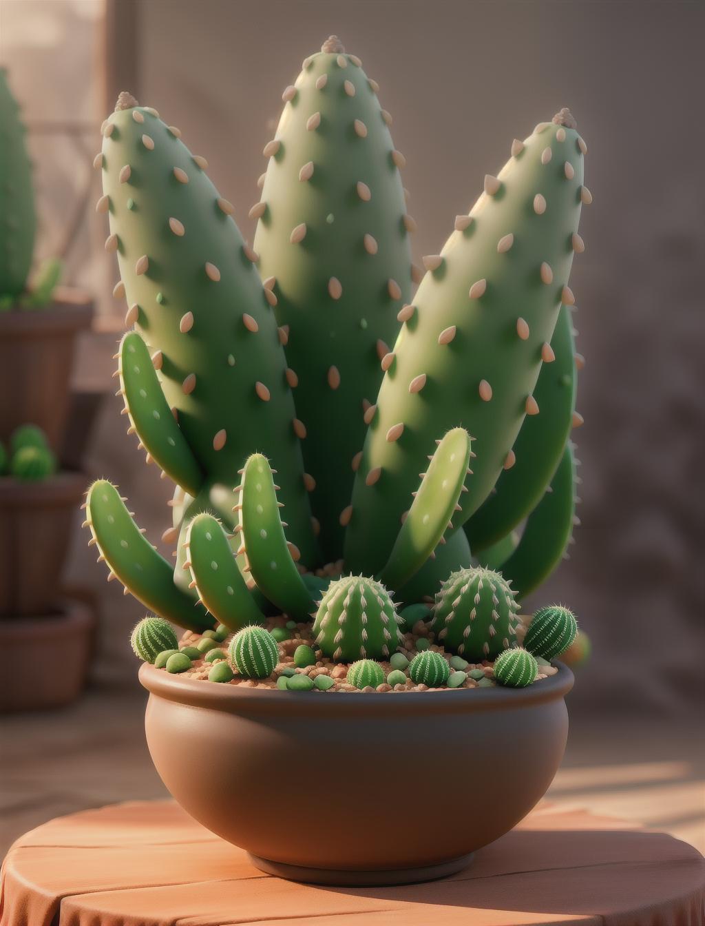  Cacti hyperrealistic, full body, detailed clothing, highly detailed, cinematic lighting, stunningly beautiful, intricate, sharp focus, f/1. 8, 85mm, (centered image composition), (professionally color graded), ((bright soft diffused light)), volumetric fog, trending on instagram, trending on tumblr, HDR 4K, 8K