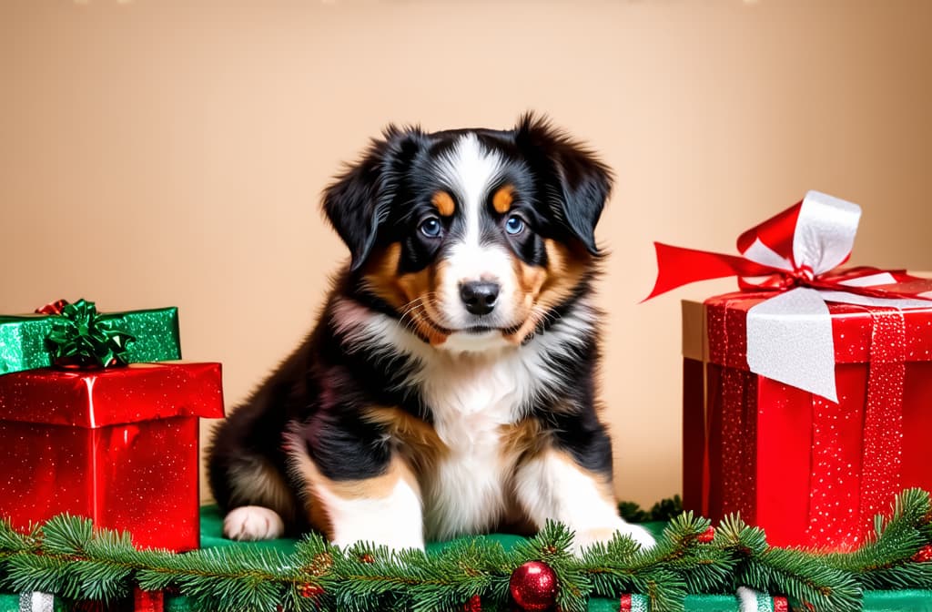  professional detailed photography, australian shepherd puppy dog between christmas presents ar 3:2, (muted colors, dim colors, soothing tones), (vsco:0.3)