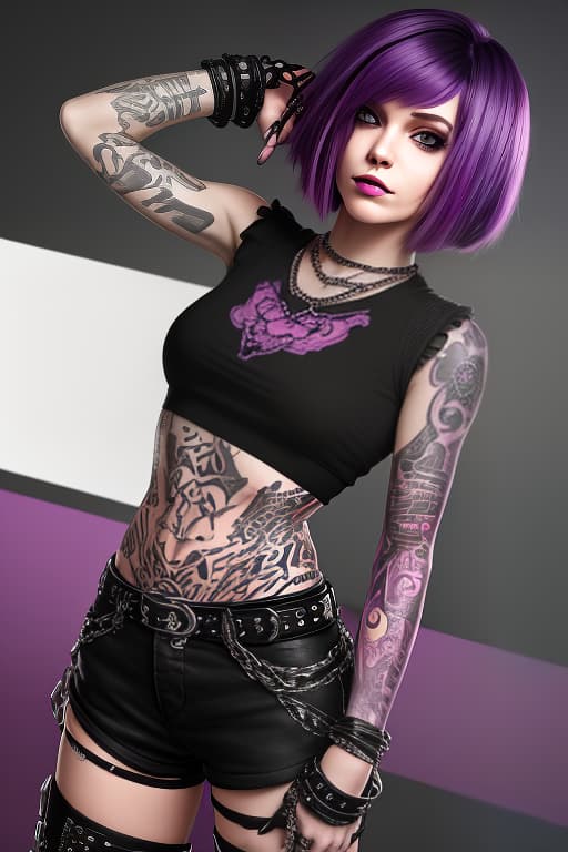  girl with purple hair, cascading bob haircut, black and pink top, tattoos on her arms. bracelets, black shorts, black boots, metal rocker chick