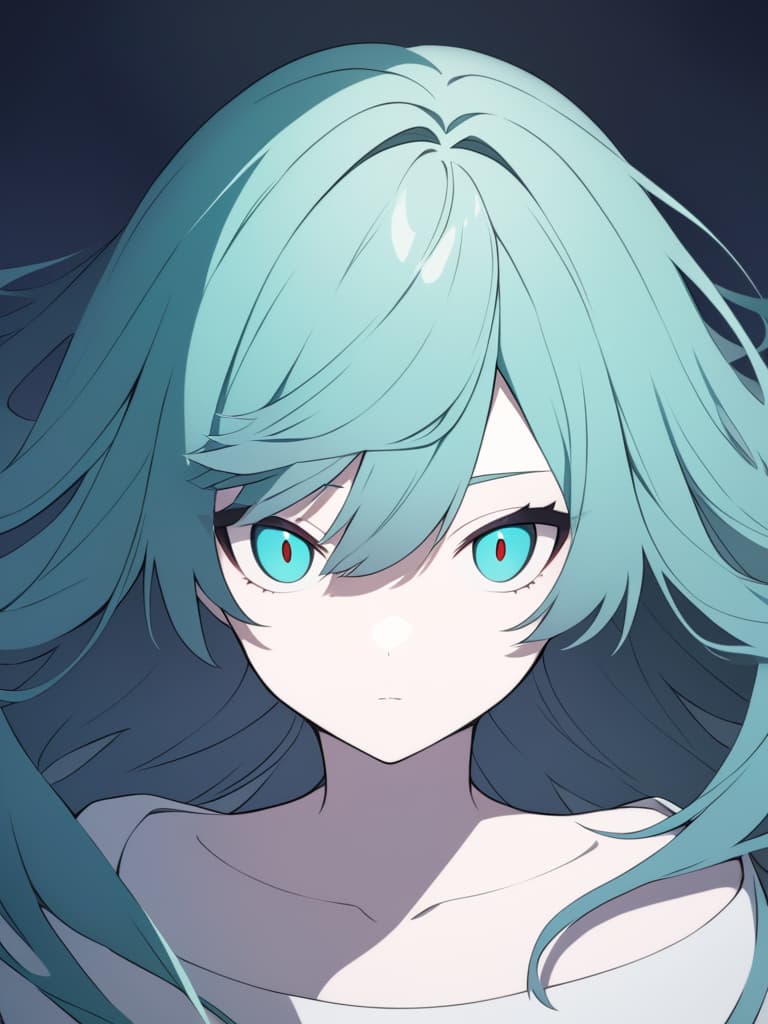  create a close up of a character inspired by hatsune miku,with large,mesmerizing eyes and a slightly eerie expression. the character's face fills most of the frame,with disheveled hair and intense lighting casting shadows over her features. she should appear as though she's caught in a hypnotic or trance like state,staring directly at the viewer. the painting style should be thick and textured,with rich,layered brushstrokes emphasizing the unsettling,distorted atmosphere. the color palette can use contrasting blues and greens,with hints of unsettling red tones in the shadows.