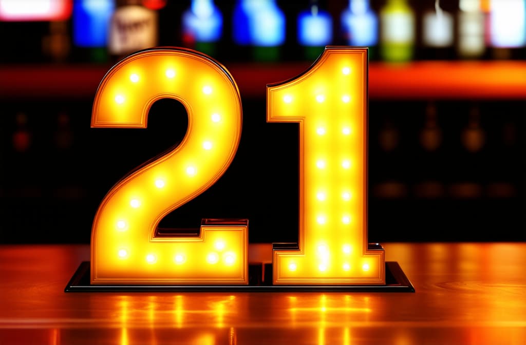  closeup on 3d letters "21" at bar counter, whiskey bottle blurred in background ar 3:2 {prompt}, maximum details