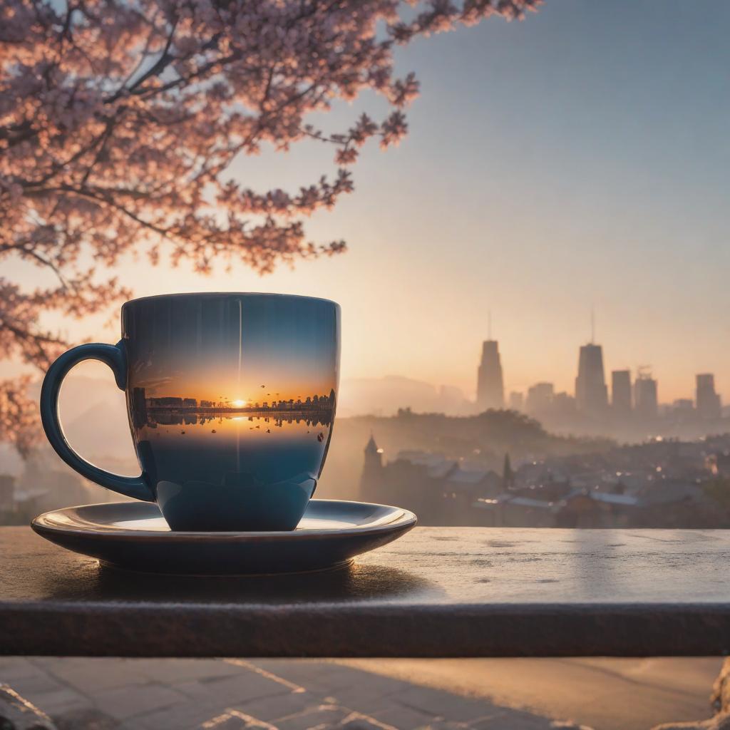  double exposure photo, coffee cup seamlessly blended with the hues of a beautiful sunrise, light creates a natural gradient, sunrise reflecting on the glossy ceramic surface, warm palette, high contrast, silhouette of ripples in the morning dew on the cup's rim, bokeh effect from the distant sun, creating a serene and inviting atmosphere, sleepy town visible in the background, clear skies transitioning from deep blues to soft hyperrealistic, full body, detailed clothing, highly detailed, cinematic lighting, stunningly beautiful, intricate, sharp focus, f/1. 8, 85mm, (centered image composition), (professionally color graded), ((bright soft diffused light)), volumetric fog, trending on instagram, trending on tumblr, HDR 4K, 8K