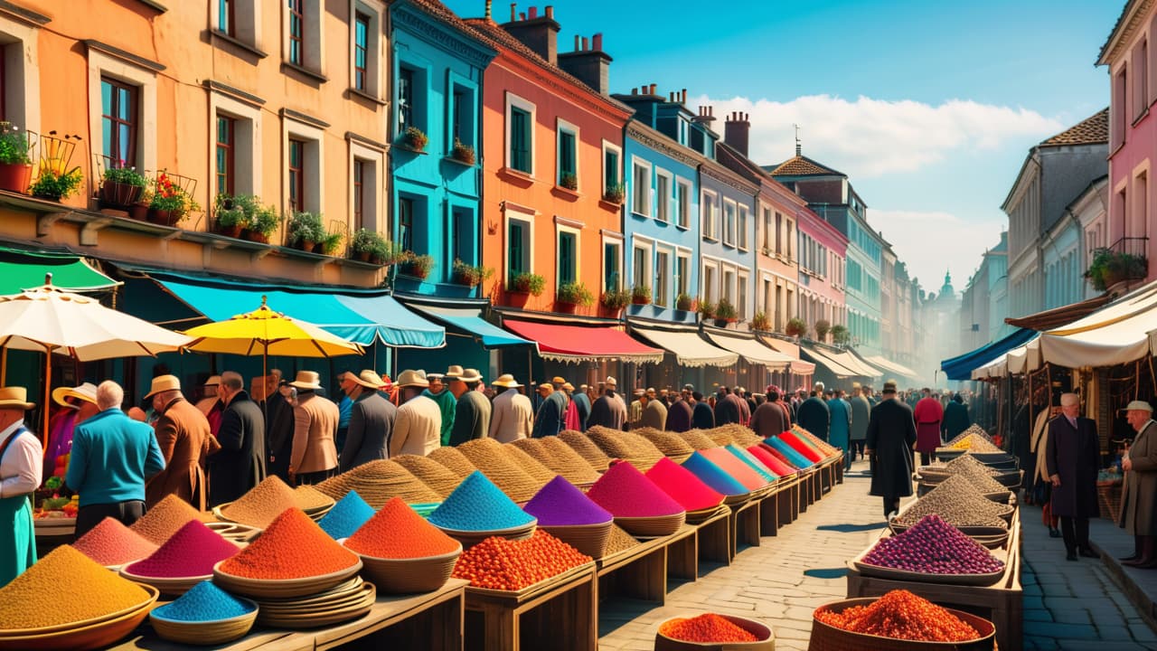  a vibrant street market showcasing traditional crafts, colorful stalls filled with handmade pottery and textiles, local musicians playing folk tunes, and historic buildings in the background, all under a bright blue sky. hyperrealistic, full body, detailed clothing, highly detailed, cinematic lighting, stunningly beautiful, intricate, sharp focus, f/1. 8, 85mm, (centered image composition), (professionally color graded), ((bright soft diffused light)), volumetric fog, trending on instagram, trending on tumblr, HDR 4K, 8K