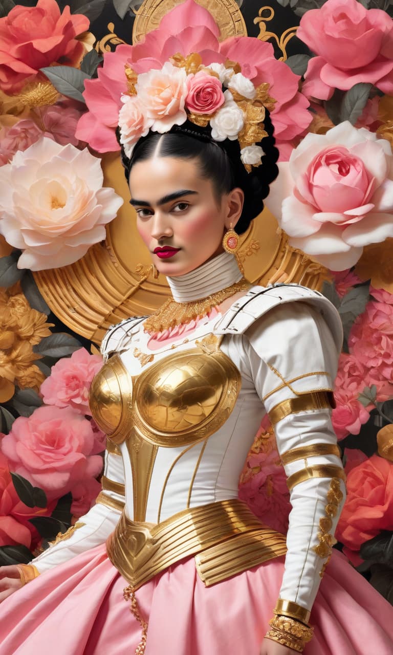  concept art color pink, white, black, gold frida kahlo to the waist in gold armor rose . digital artwork, illustrative, painterly, matte painting, highly detailed, perfect hands