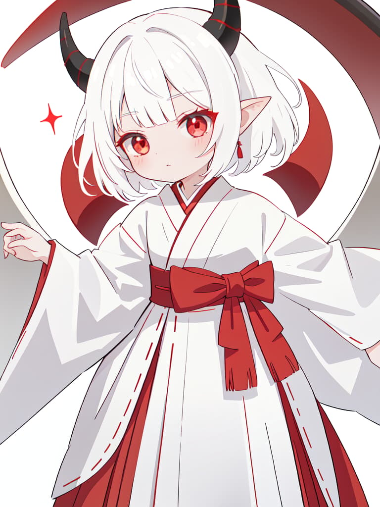  there are horns, girls, sharp ears, hakama, hanging, short hair, white hair, dragon's daughter, red and white hakama, red eyes, black horns, masterpiece, best quality,8k,ultra detailed,high resolution,an extremely delicate and beautiful,hyper detail