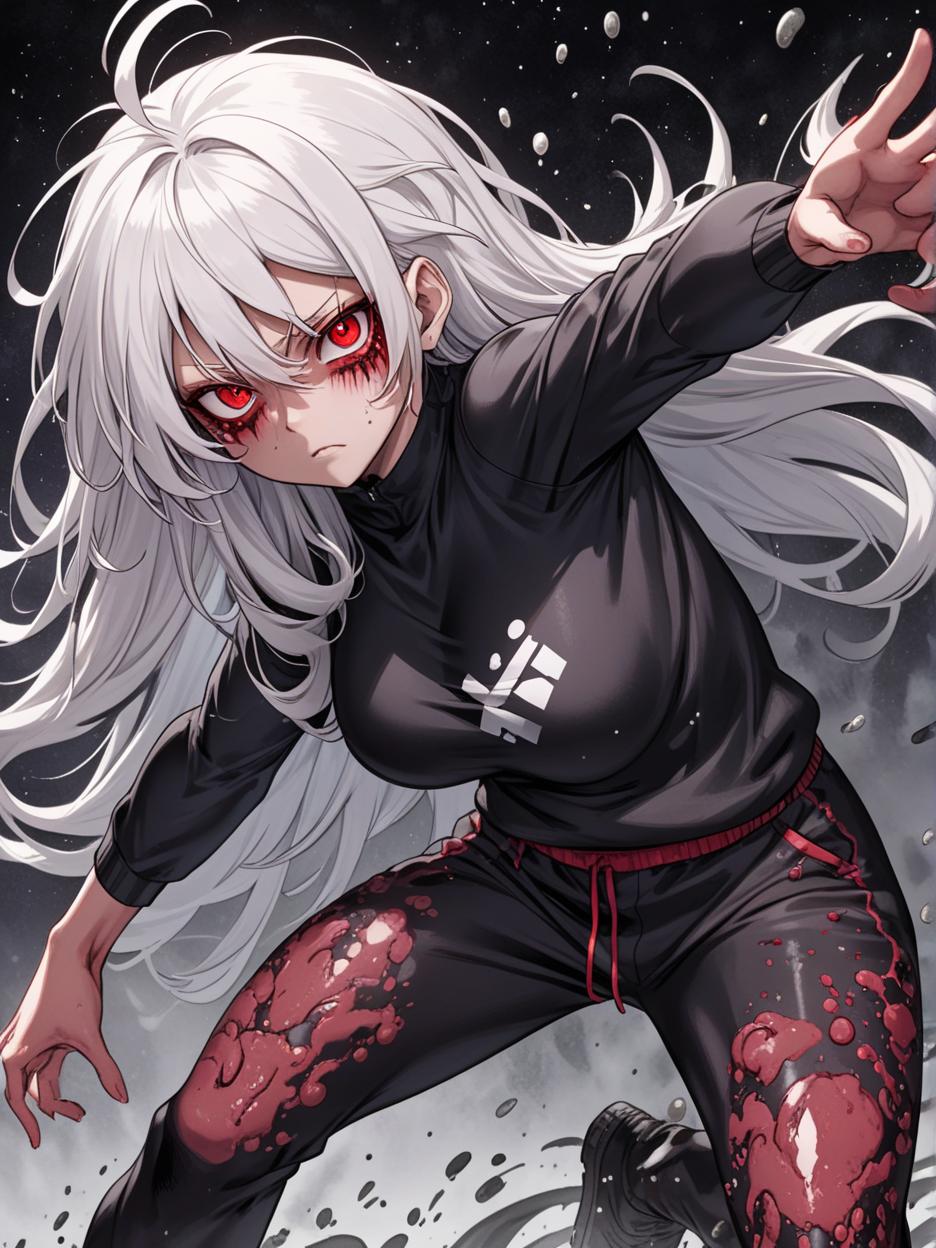  manga artwork satoru gojo, jujutsu kaisen, female version, beautiful woman with long white hair, red eyes from the galaxy. revealing her deep red eyes, super detailed eyes. compressed black clothes, baggy sweatpants. strong body. background of a black desert full of slime, hyper realistic atmospheres, details, 8k she is ready to fight, making a pose with her hand. manga artist. manga, highly emotional. best quality, high resolution