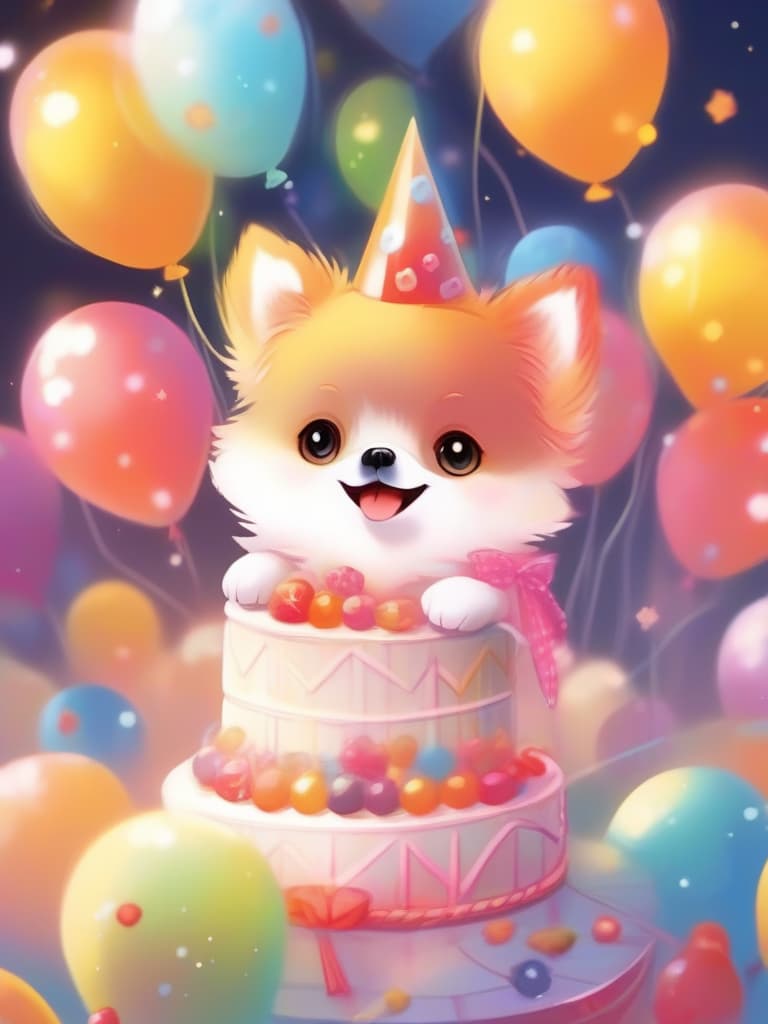  animation style,one animal,笑顔、orange,cute pomeranian,happy birthday,cake🎂,balloons,masterpiece,high quality,8k