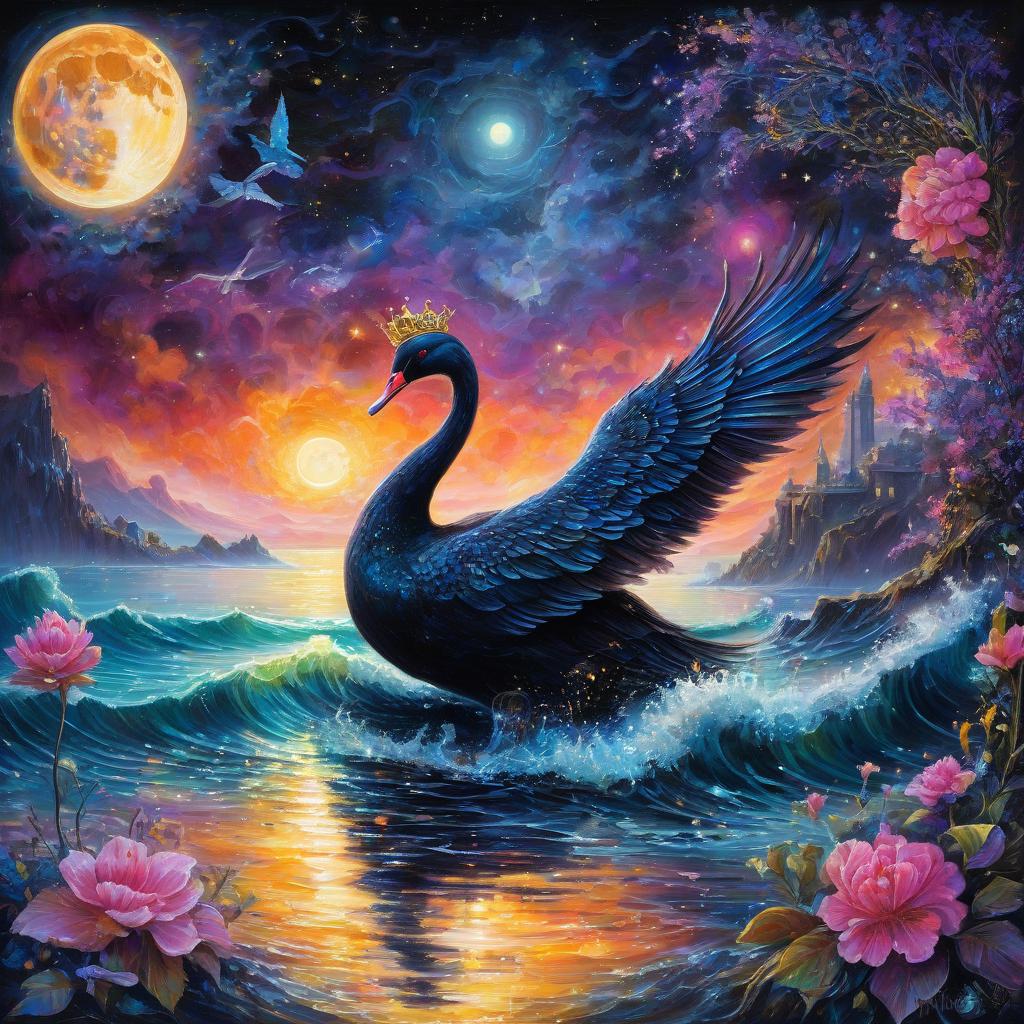  oil painting. (far background: 1,3). a magnificent fairy tale bird black swan with luxurious wings and a golden crown (floating) on the waves. fluorescent patterns on the plumage of magical beauty. surrounded by sparkling, shimmering, splashing, water droplets. against the background of the sea with moon glints and the night sky with multi coloured mist, stars and fluorescent dust. night coast with a palace of dark marble in the old russian style and flowering gardens. magnificent, picturesque, mysterious, magical, fantasy composition in the style of kinuko kraft. hyper detailed and complex, elegant. ornate, dynamic, with breathtaking visuals. stylistics: surrealist abstractionism, fantasy, fairy tale, intricate zentangle patterns, modernis