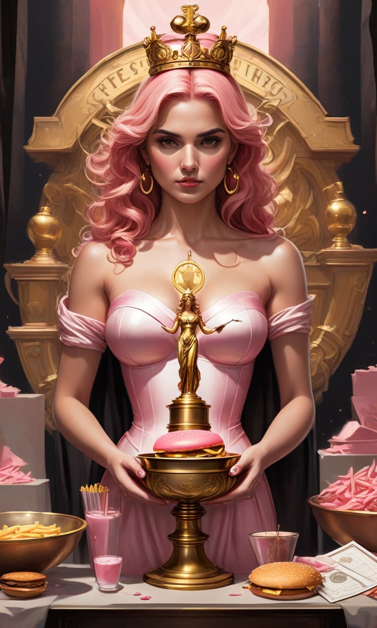  concept art tarot color pink, white, black, gold the courtroom, on the pedestal stands the statue of themis. in her hands she has a scale bowl, on one more often fries and a mcdonald's burger, on the other bowl of scales fries and a burger . digital artwork, illustrative, painterly, matte painting, highly detailed, perfect hands