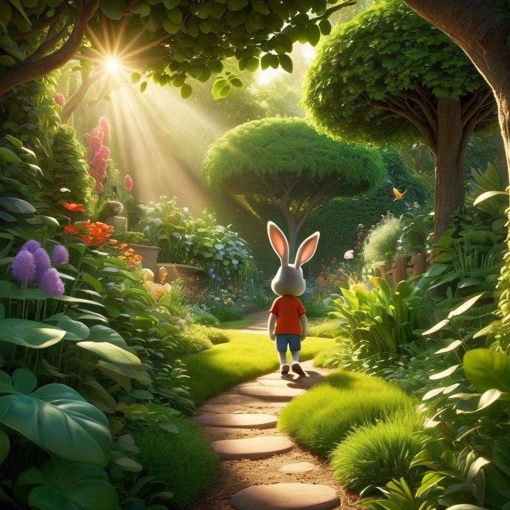  in 3d animated movie style. disney pixar style. waleed, 7, exploring with rabbit. hidden garden, dappled sunlight through leaves, warm atmosphere. pixar 3d style. lush greens, gentle sunlight. bird's eye view, magical composition.