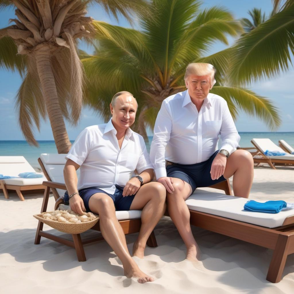  Vladimir Putin and Donald Trump on vacation by the sea, on sun beds, in shirts and shorts , a mug of beer in hand , sand , crabs , shells , starfish , palm trees, very beautiful nature, high detail, quality 50000K