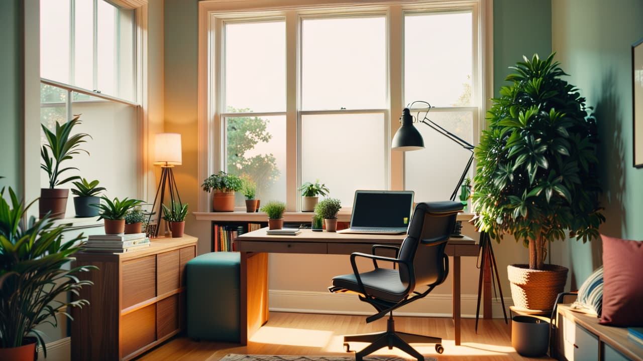  a serene home office scene featuring a tidy desk with a laptop, plants, a cozy chair, organized stationery, and soft natural light filtering through a window, creating a calm and focused atmosphere. hyperrealistic, full body, detailed clothing, highly detailed, cinematic lighting, stunningly beautiful, intricate, sharp focus, f/1. 8, 85mm, (centered image composition), (professionally color graded), ((bright soft diffused light)), volumetric fog, trending on instagram, trending on tumblr, HDR 4K, 8K