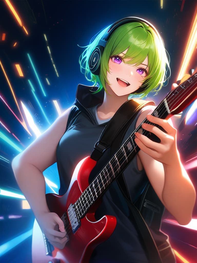  1boy,18yo,(((high school boys))),(((playing with an electric guitar:1.35))),green hair,short hair,purple eyes,headphone,very loud laugh,(((happy pose))),(((metallic focus))),music note effect,realistic