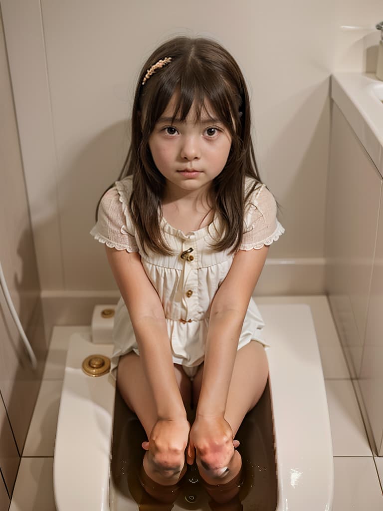  girl in poo, first grader, sitting in a western style toilet, masterpiece, best quality,8k,ultra detailed,high resolution,an extremely delicate and beautiful,hyper detail