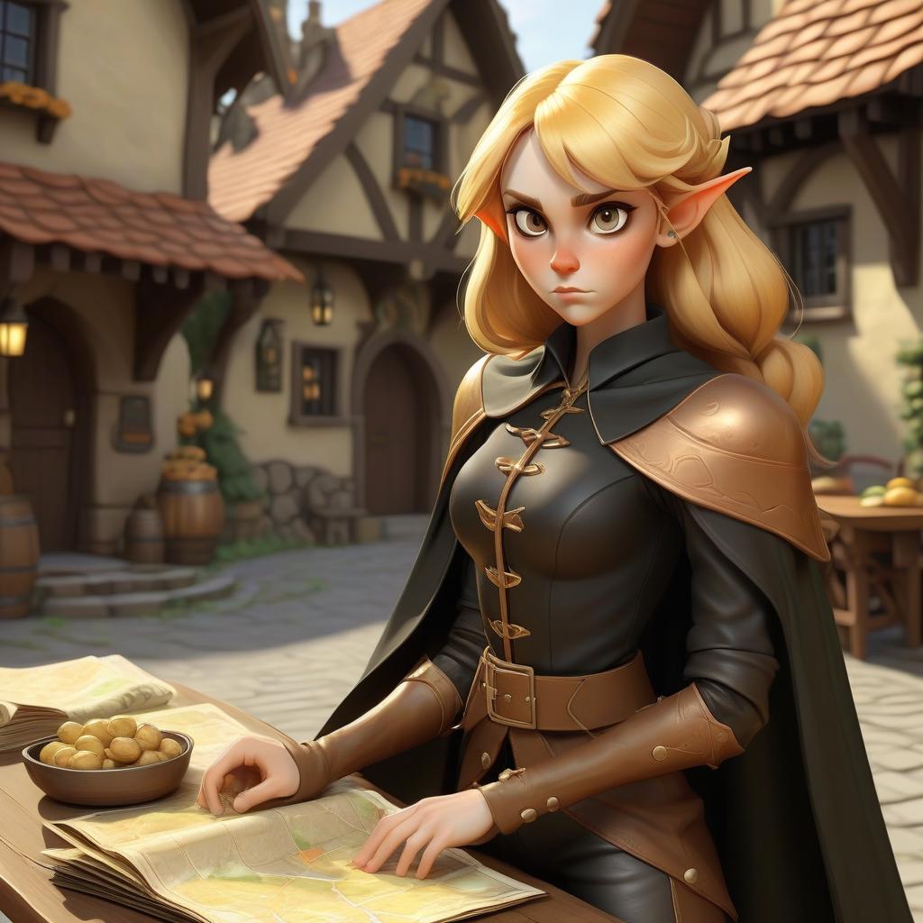  strategy game style elf, a tall girl with golden hair and walnut eyes in a black cape, medieval shirt and leather pants and boots. copper skin tone. in front of the tavern. . overhead view, detailed map, units, reminiscent of real time strategy video games