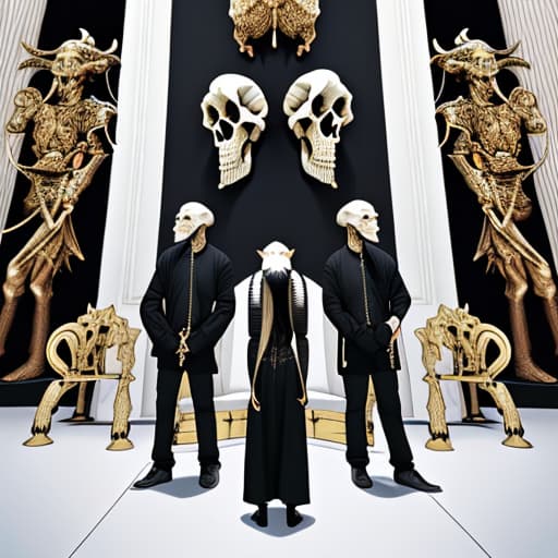  "In front of a huge throne with a god who has a goat skull instead of a head, three people stand with their backs to the viewer: two white and one black."