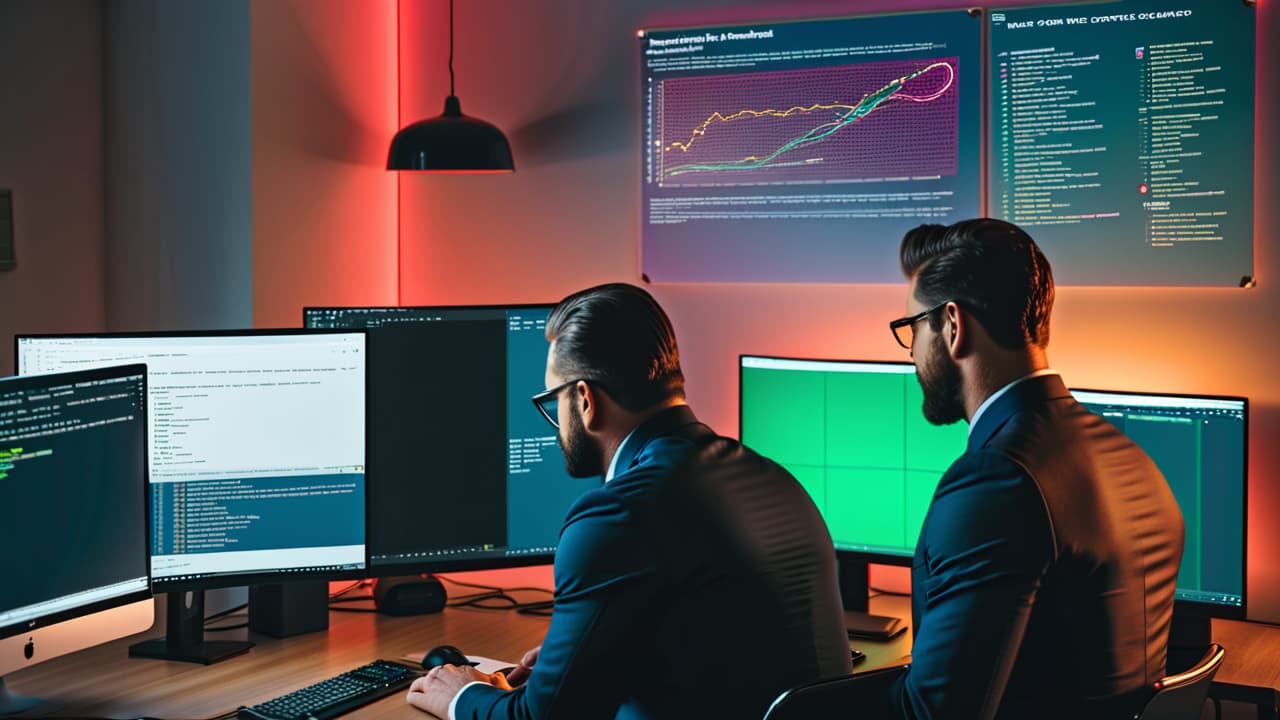  a modern software development workspace featuring a computer screen displaying code snippets, a developer collaborating with a colleague, api documentation on the table, and a whiteboard filled with flowcharts and diagrams. hyperrealistic, full body, detailed clothing, highly detailed, cinematic lighting, stunningly beautiful, intricate, sharp focus, f/1. 8, 85mm, (centered image composition), (professionally color graded), ((bright soft diffused light)), volumetric fog, trending on instagram, trending on tumblr, HDR 4K, 8K