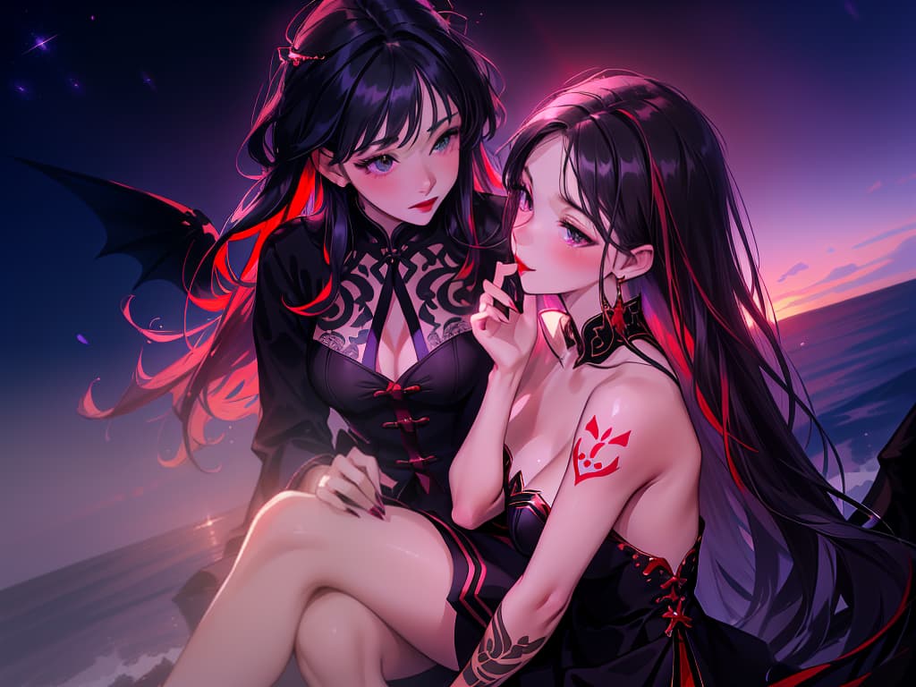  beautiful and aesthetic, sunset, stars, colorful, silhouette, kissing each other, (7girl:1.5), (masterpiece, best quality, close up, tall, blood red hair with intricate purple patterns, cinematic lighting, piercing red eyes, large black wings, tattoos, black thigh high heels, laughing, looking down to camera, black crown, long thin horns, crossed legs, purple fire, wine), (masterpiece, best quality, close up, flawless soft skin, deep violet eyes, full deep red lips, long wavy black hair, long thin black horns, demon wings, tattoos, crossing legs, looking down, holding wine), (masterpiece, best quality, close up, thin, elegant, sharp features, long fingers resembling claws, cold green eyes, light green tied long hair, adorned with golden pin