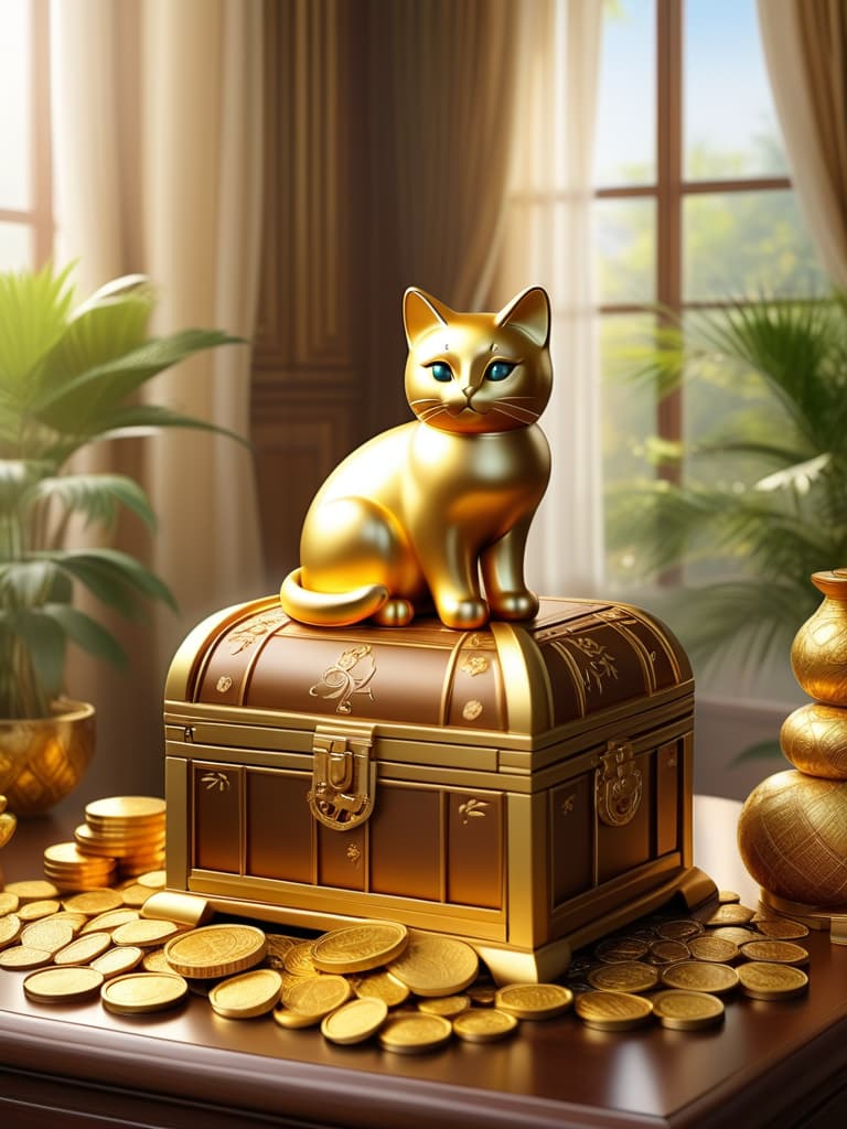  create an image of a golden treasure chest overflowing with gold coins, jewels, and sparkling gems, set in a luxurious room. the chest is surrounded by symbols of wealth, such as stacks of cash, gold bars, and a golden tree with leaves made of coins. soft sunlight filters through large windows, casting a warm glow over the scene. in the background, there are elegant decorations such as silk curtains, and a feng shui wealth cat statue, symbolizing good fortune and prosperity. the entire setting radiates abundance and success